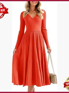 Long Sleeve Midi Sweater Dress Wrap V Neck Pleated A Line Fit Flare Maxi